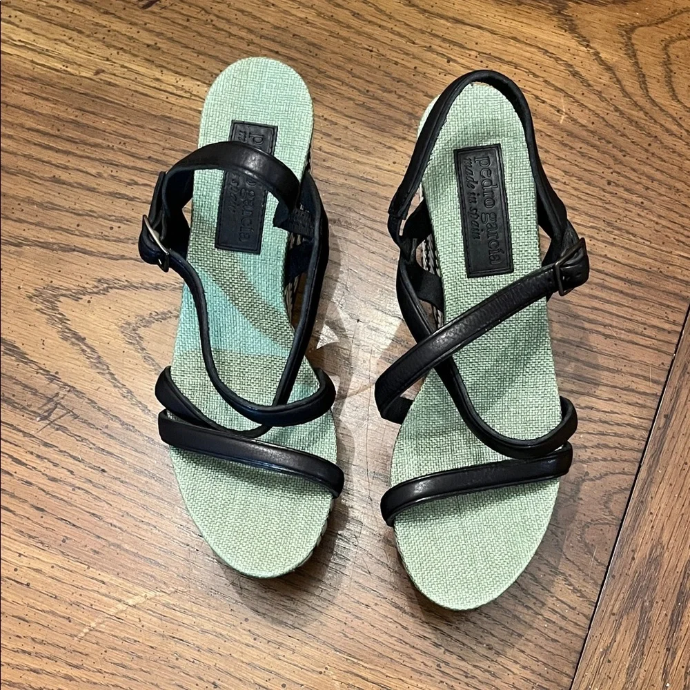 Stylish Pedro Garcia Black and Green Wedge Sandals, size 39 1/2, NWOT‎